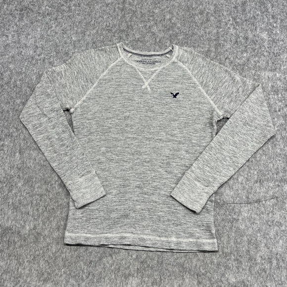 American Eagle Sweater Mens Medium Gray Waffle Knit Pullover Long Sleeve Logo - Picture 1 of 10